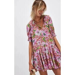 Free People Moon Chaser Silky Mini Dress Floral Flowy Drop Waist Pink Size XL